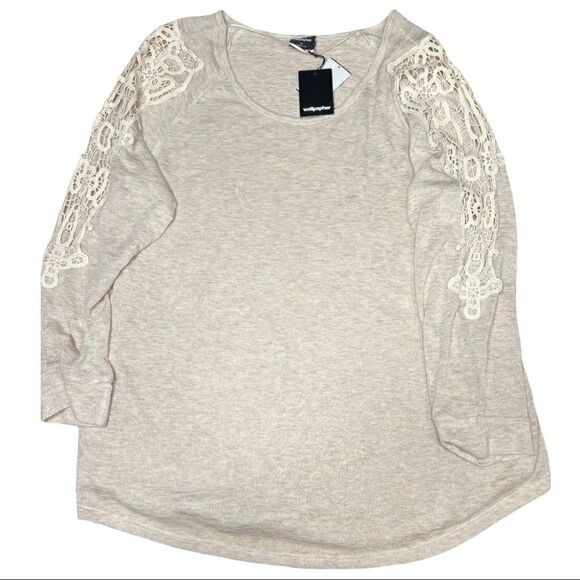 NWT Wallpapher Natural Knit Plus Top Crochet Cold Sholder Sleeves 1X - Picture 2 of 8
